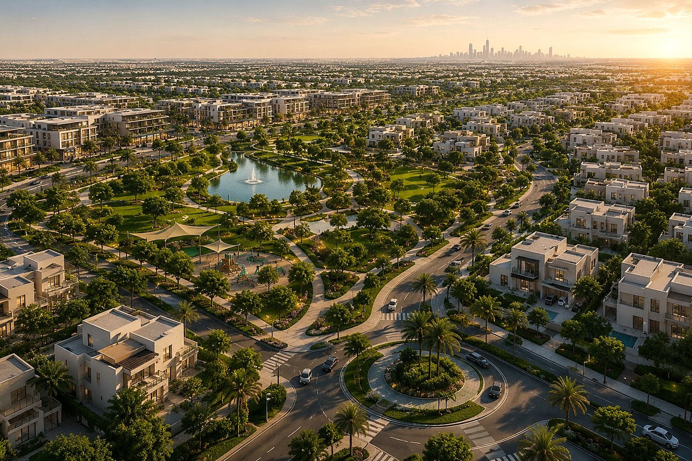 Aerial view of a master-planned district with integrated SuDS — retention ponds, swales, and green infrastructure