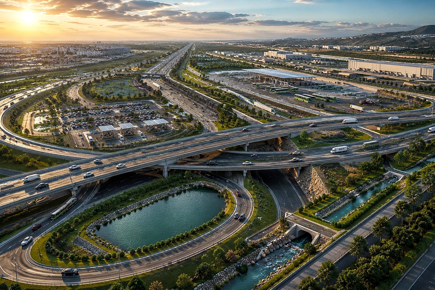Highway interchange with SuDS attenuation ponds, channels, and transport infrastructure