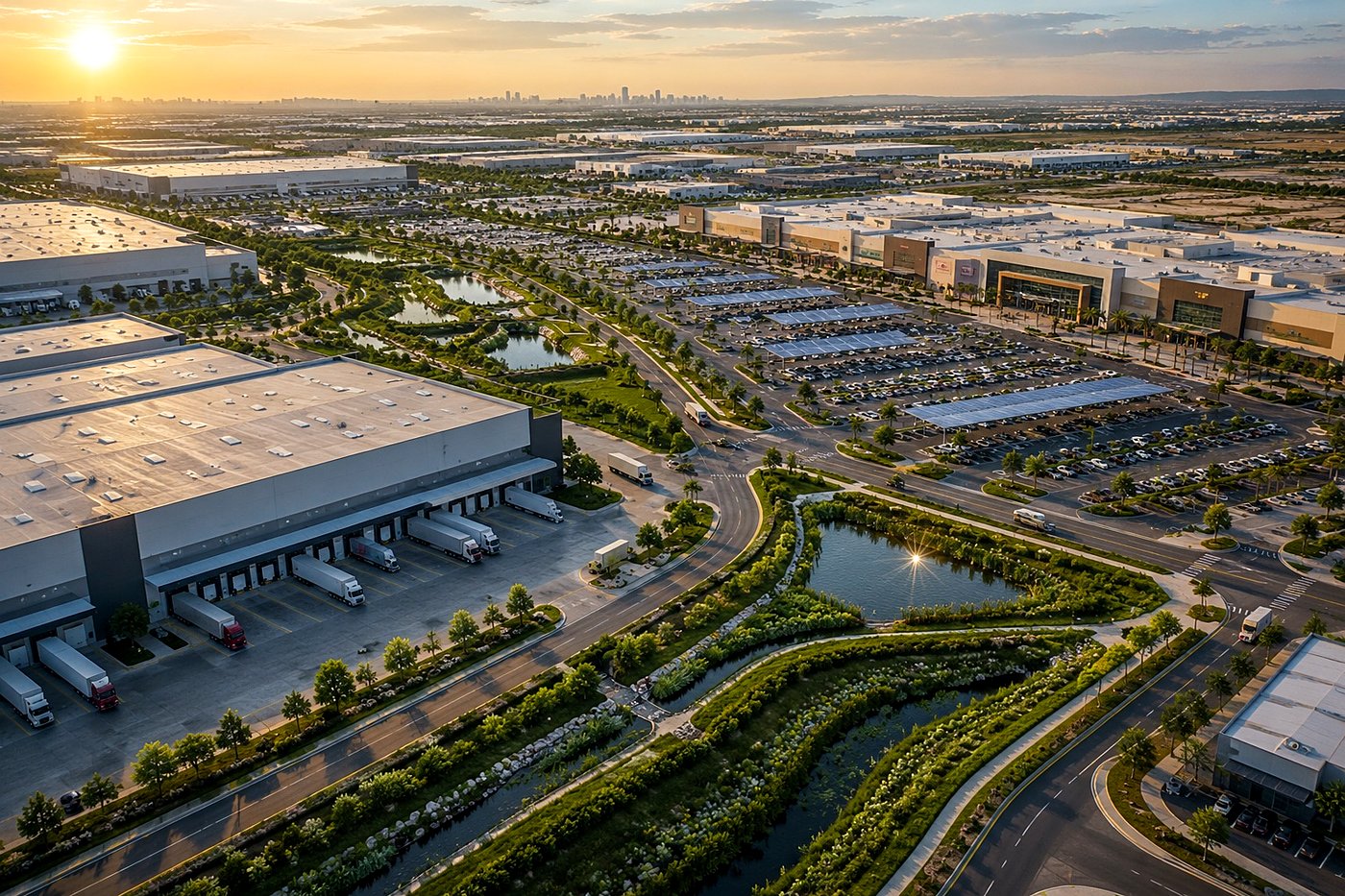 Aerial view of warehouses, malls, and commercial facilities with SuDS retention and green areas