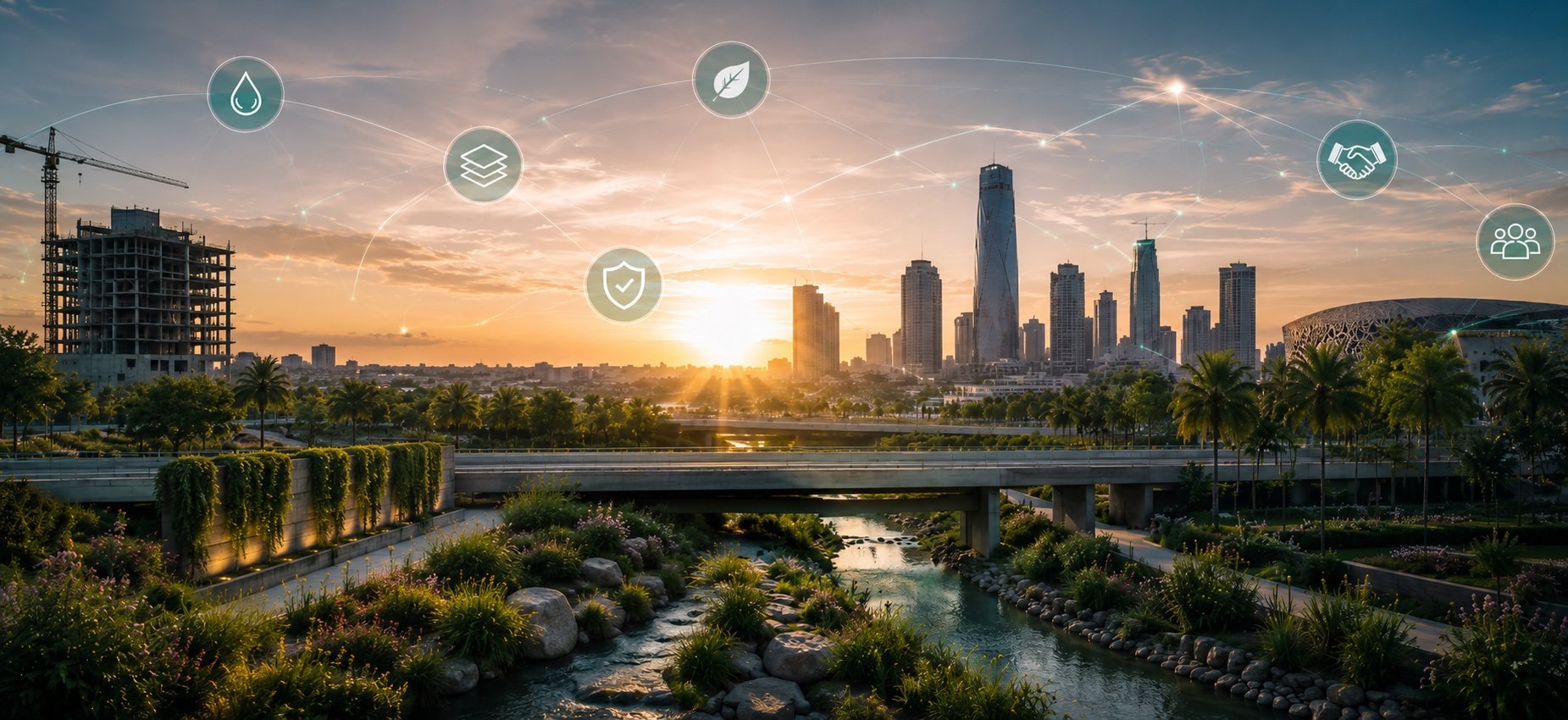 Sustainable Saudi cityscape at sunset — bridge over a planted bioswale, skyline beyond, connected by NGS engineering icons