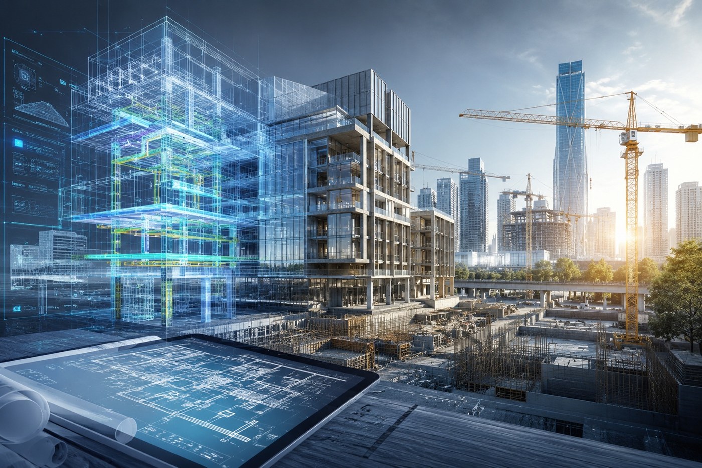 BIM digital wireframe model overlaid on a real construction site, with engineering drawings on a tablet