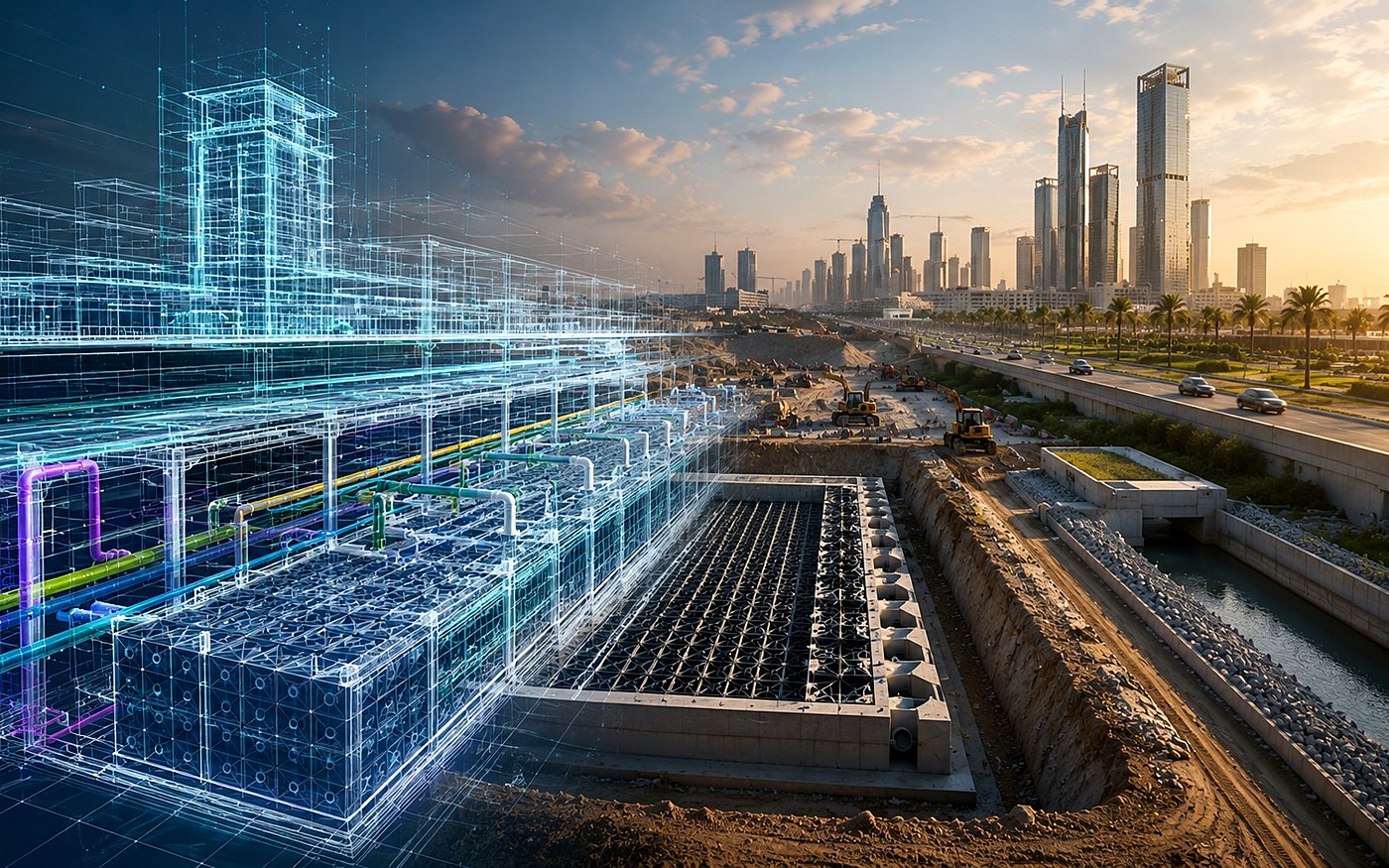 BIM digital wireframe model overlaid on a real construction site