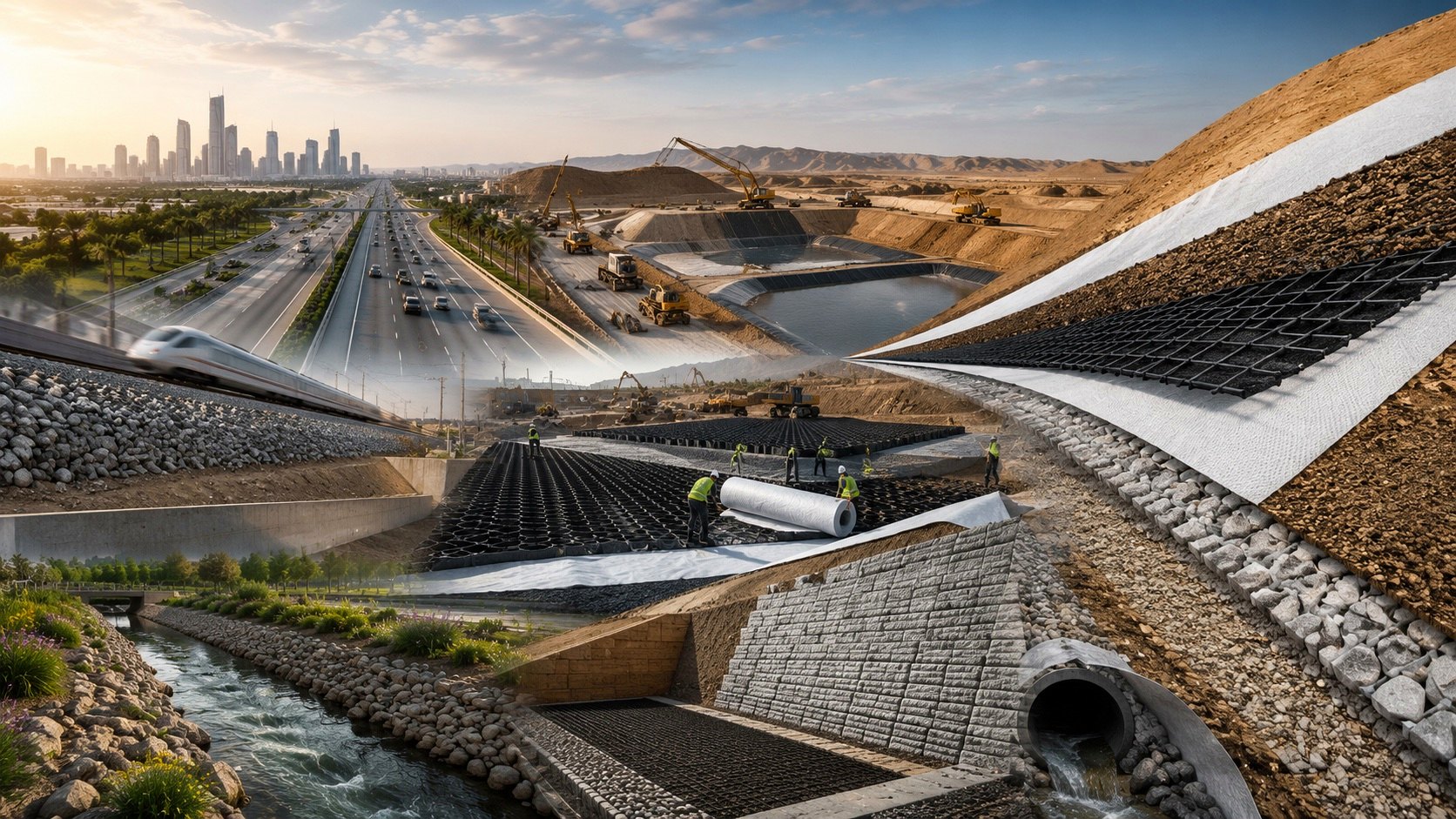 NGS geosynthetic materials installed across Saudi infrastructure — roads, embankments, drainage, and containment systems
