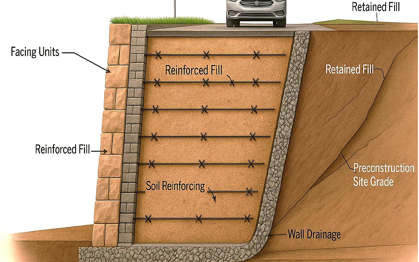MSE retaining wall cutaway showing facing units, reinforced fill, and soil reinforcement