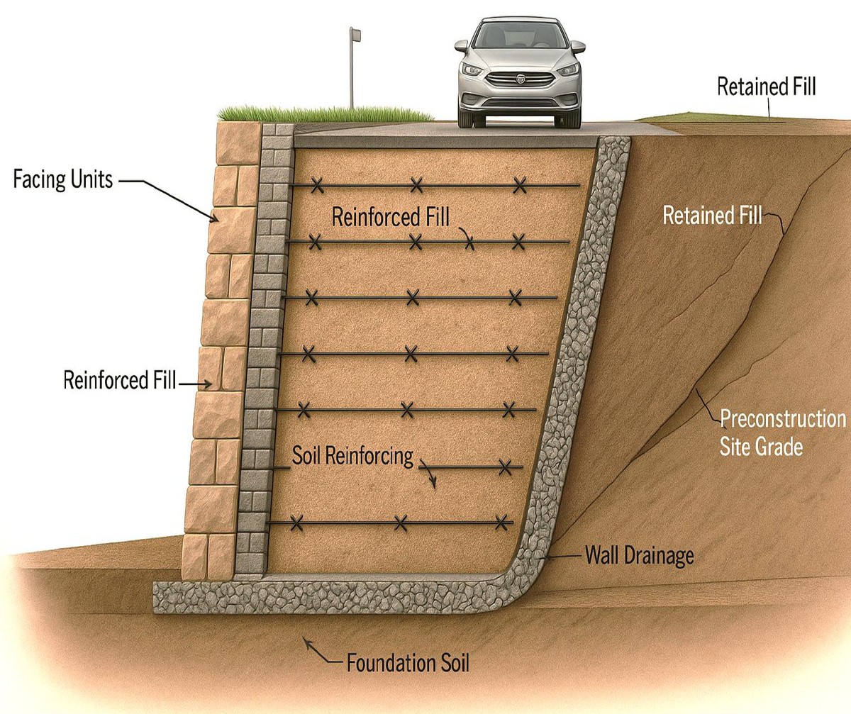 MSE wall cross-section diagram showing facing units, reinforced fill, soil reinforcing layers, wall drainage, and foundation soil