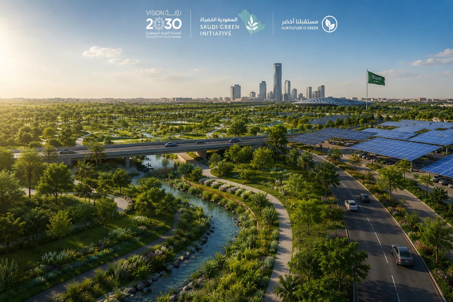 Green infrastructure across a Saudi landscape — parks, waterways, and solar canopies under the Vision 2030 and Saudi Green Initiative banners